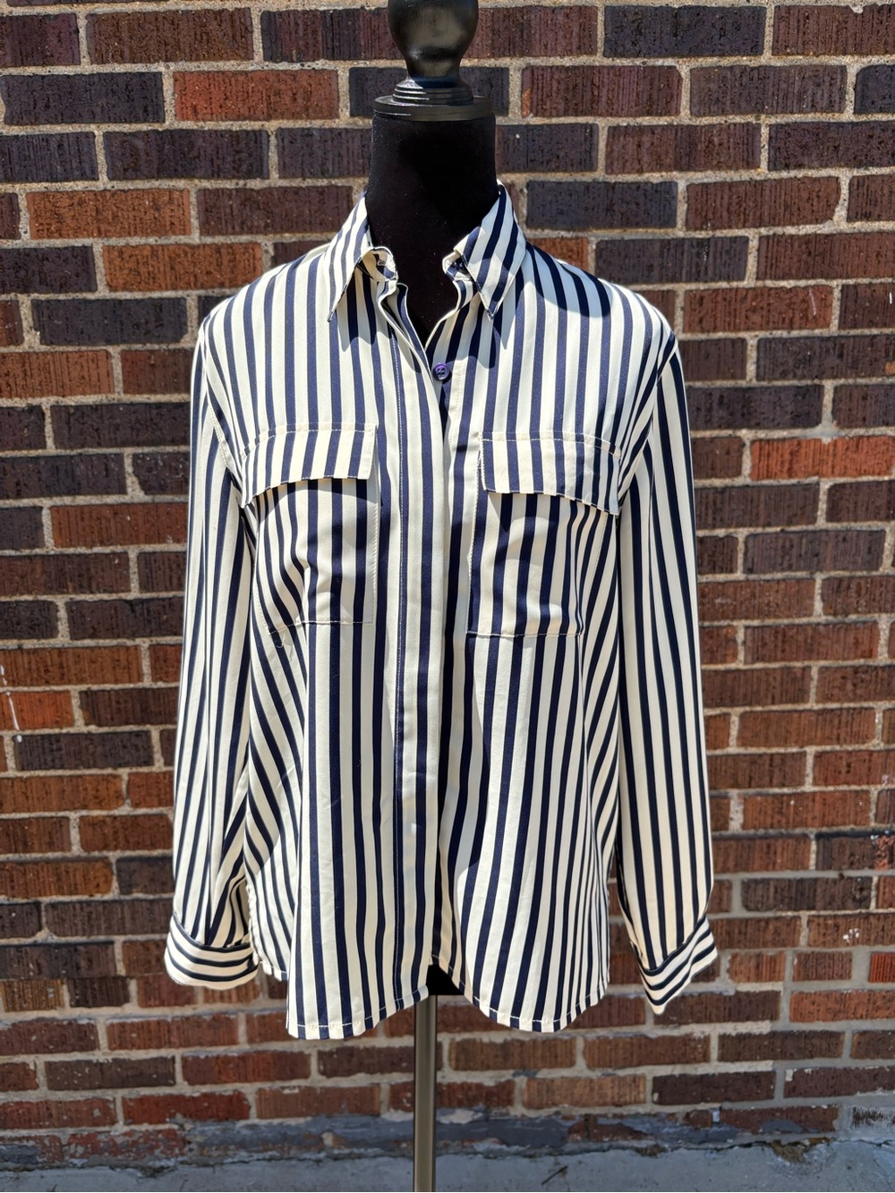 Alfred Dunner Navy & White Vertical Stripe Casual Button-Down Shirt